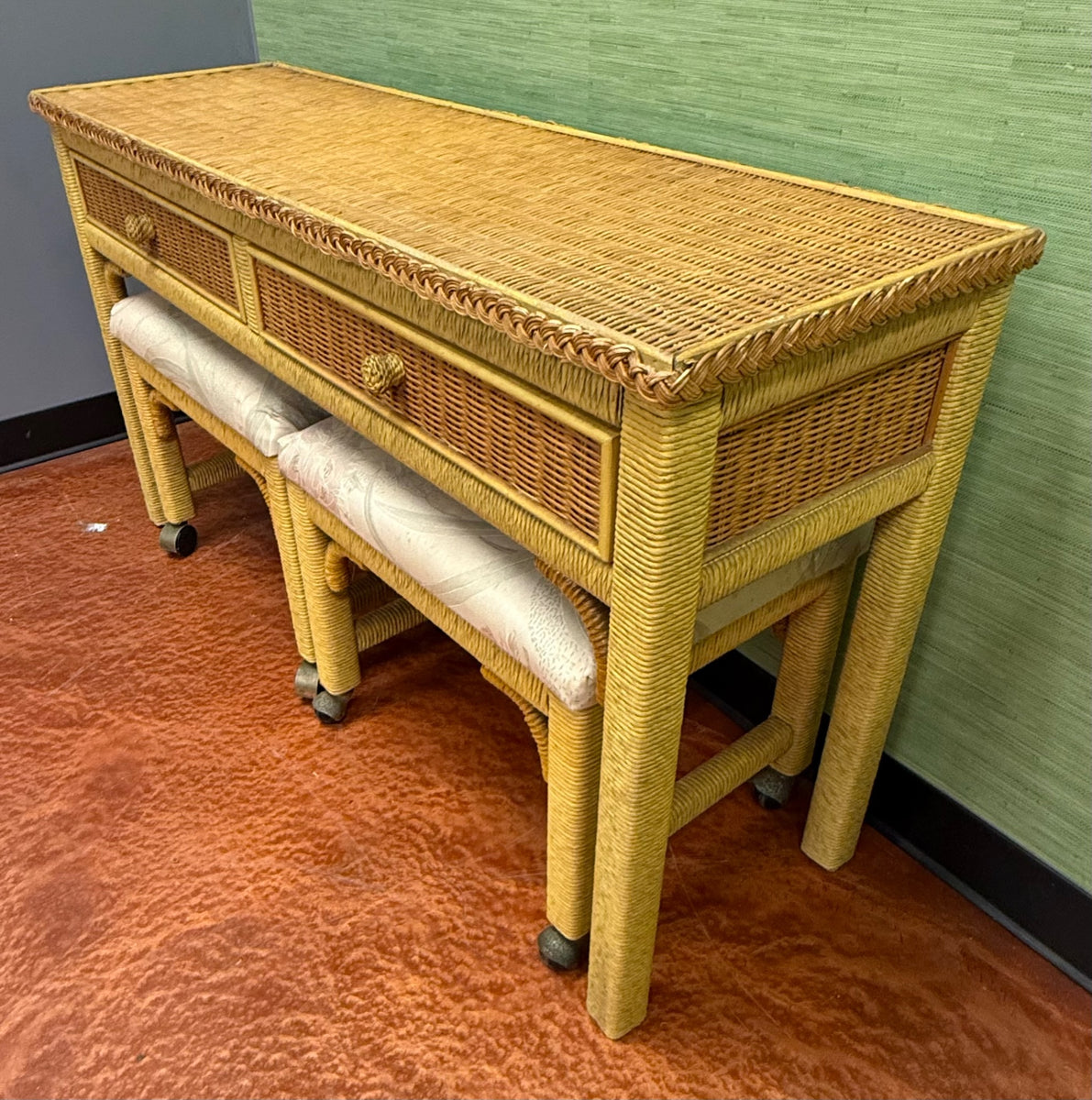 Vintage Henry Link Wicker Console Table with Ottomans Available