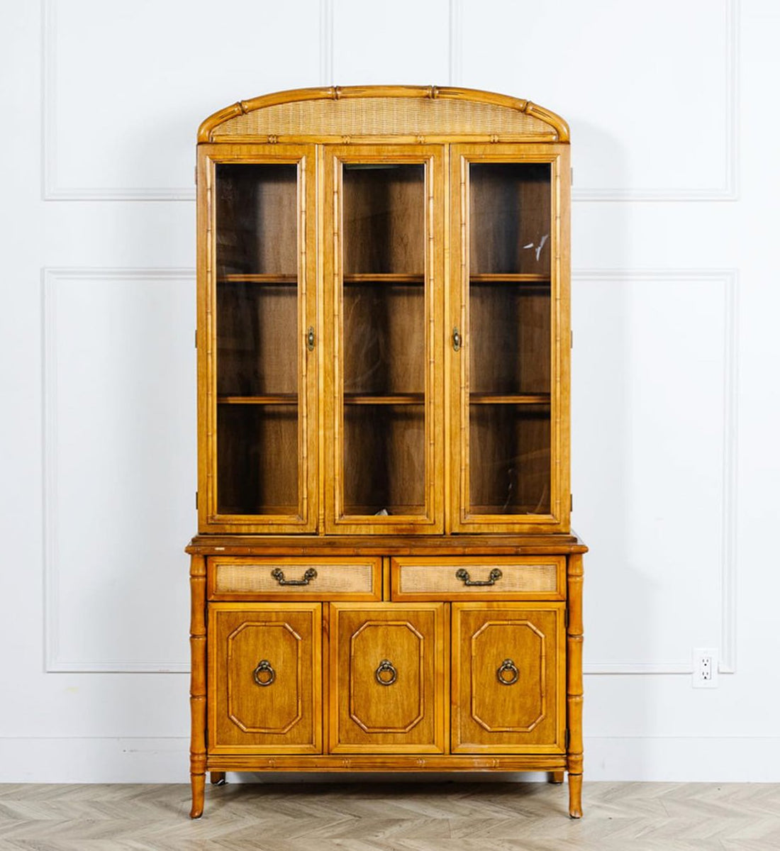 Vintage Broyhill Furniture Faux Bamboo Two Piece Arched China Cabinet