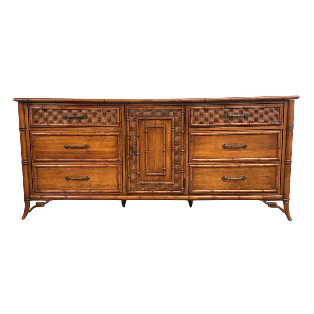Vintage Stanley Furniture Faux Bamboo Credenza with Fretwork Available for Custom Lacquer! Hibiscus House Vintage Stanley Furniture Faux Bamboo Credenza with Fretwork Available for Custom Lacquer! Hibiscus House