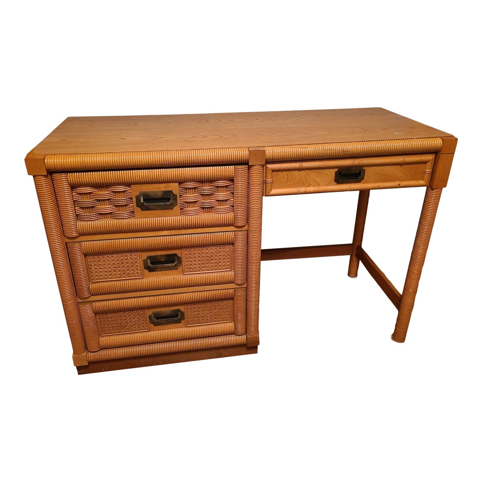 Vintage Dixie Furniture Faux Bamboo Campaign Style Desk Available for Lacquer Hibiscus House