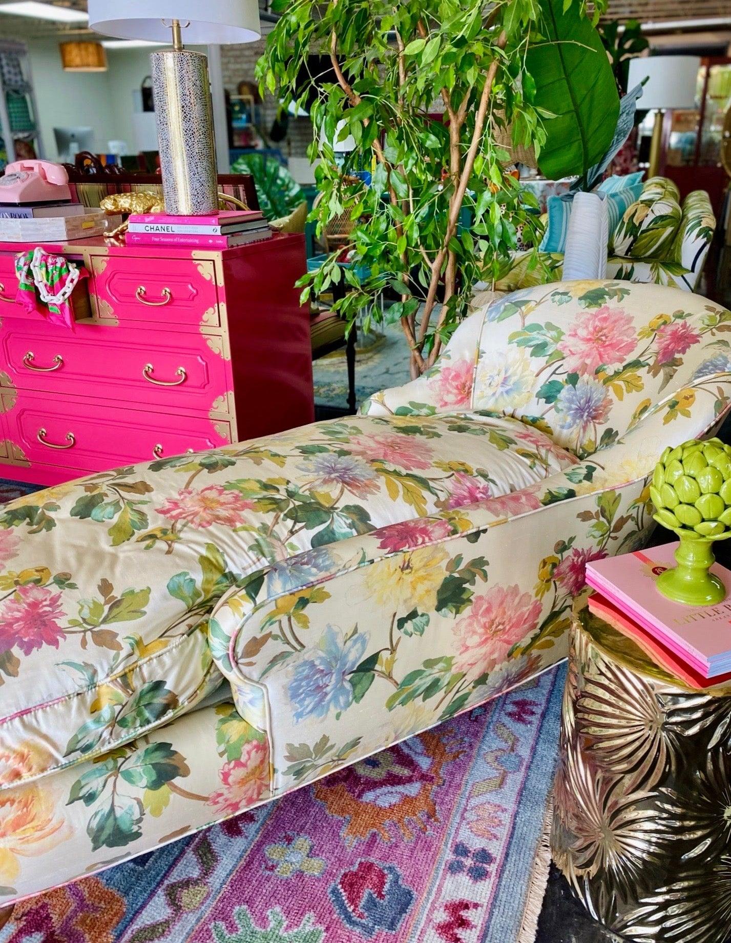 Vibrant French Louis XV Style Down Filled Silk Chaise Lounge Ready