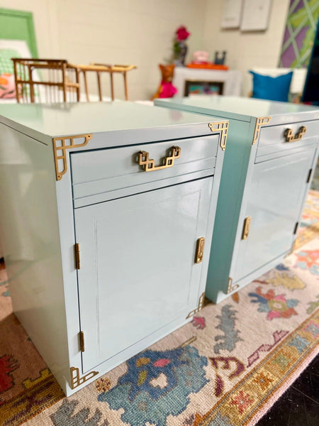 Vintage Bassett Furniture Chinoiserie Style Tall Nightstand Pair in Watery Available & Ready to Ship - Hibiscus House