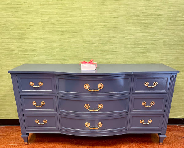 Vintage Bowfront Nine Drawer Dresser Lacquered in “Kensington Blue” Available & Ready To Ship!