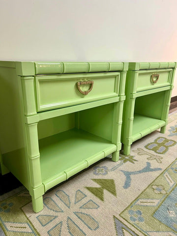 Vintage Kroehler Furniture Faux Bamboo Open Shelf Nightstand Pair in Lime Twist Ready to Ship