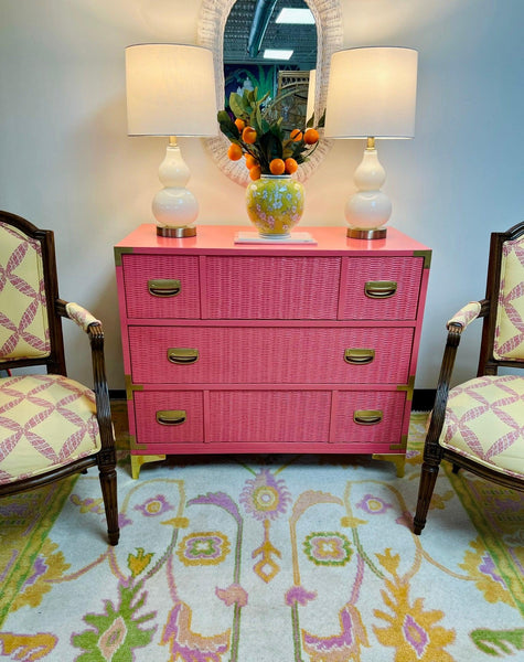 Vintage Lea Furniture Three Drawer Chest Lacquered in Begonia Available & Ready to Ship!