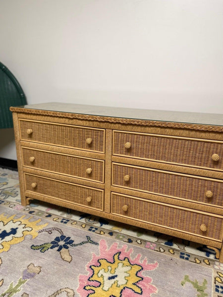 Vintage Henry Link Six Drawer Wicker Dresser with Glass Top Ready to Ship! - Hibiscus House