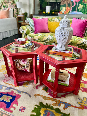 Vintage Octagon Shaped Side Table Pair Lacquered in Chili Pepper Ready to Ship!