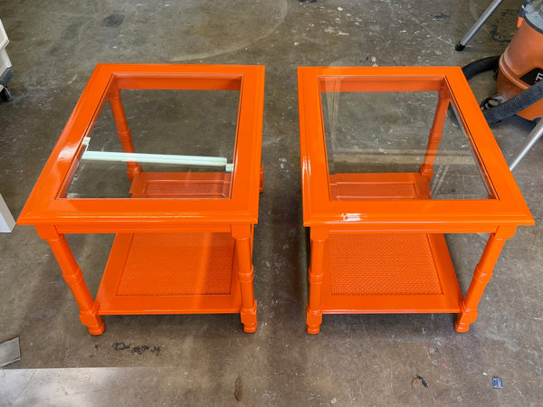 Vintage Faux Bamboo Two-Tier Mersman Furniture Side Table Pair Available for Custom Lacquer