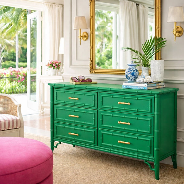 Vintage Dixie Aloha Six Drawer Bamboo Dresser with Fretwork Available for Lacquer Customization - Hibiscus House