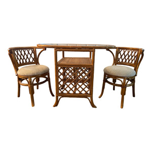 Vintage Rattan Lattice Detail Honeymoon Table and Chairs Available for Custom Lacquer!