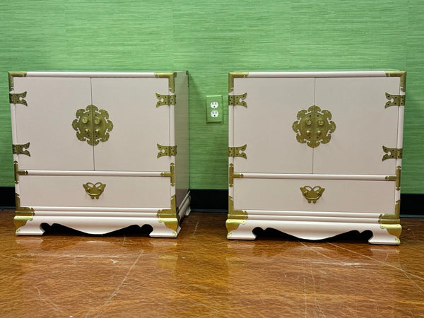 Vintage Tansu-Style Nightstand Pair with Unique Hardware Available for Custom Lacquer