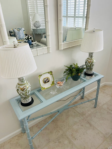 Faux Bamboo Console Sofa Table with Glass Top and Cane Shelf Available for Custom Lacquer