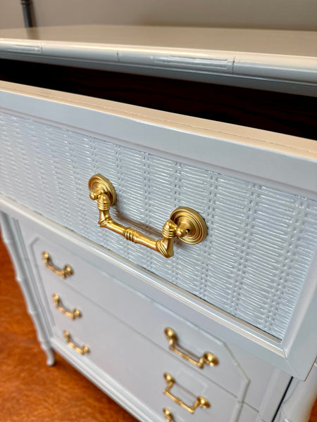 Broyhill Bamboo Tallboy Chest of Drawers Lacquered in Blue Heather Ready to Ship - Hibiscus House