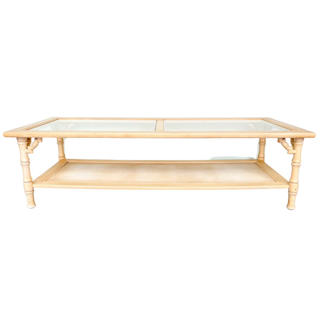 Vintage Faux Bamboo and Cane Coffee Table with Fretwork Detail Available for Custom Lacquer!
