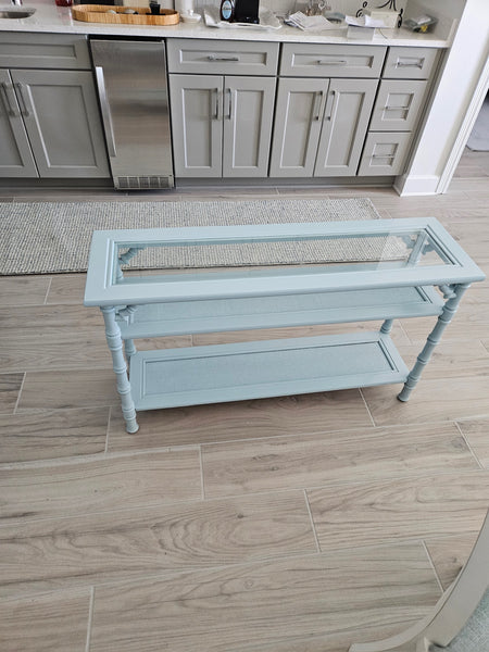 Vintage Faux Bamboo and Cane Two-Tier Glass Top Console Table with Fretwork Available for Custom Lacquer! - Hibiscus House