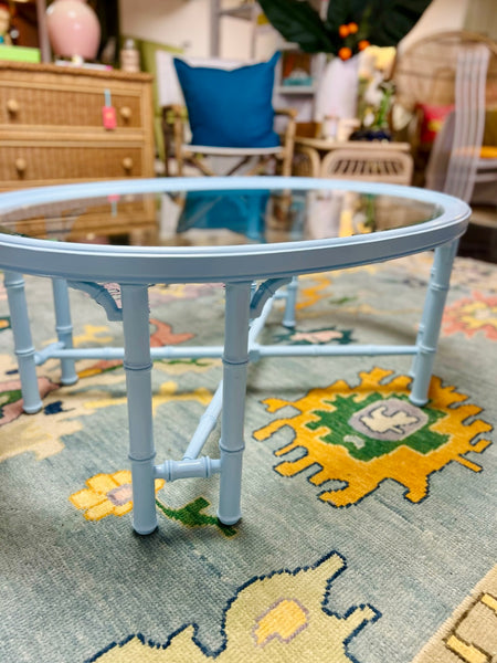Vintage Oval Faux Bamboo Coffee Table with Fretwork Detail Lacquered in Little Boy Blue Ready to Ship