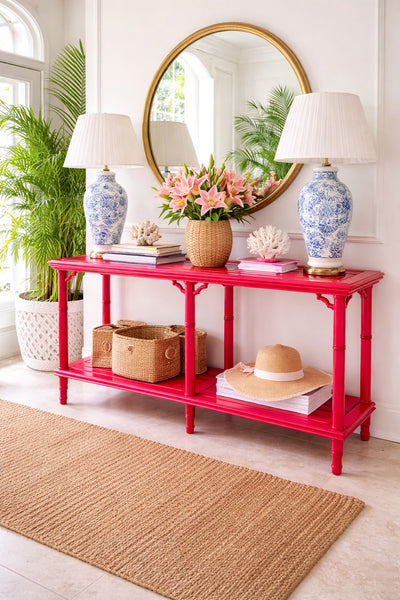 Vintage Faux Bamboo and Cane Two-Tier Glass Top Console Table with Fretwork Available for Custom Lacquer! - Hibiscus House