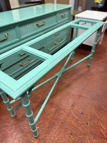 Vintage Faux Bamboo and Cane Two-Tier Glass Top Console Table with Fretwork Available for Custom Lacquer! - Hibiscus House