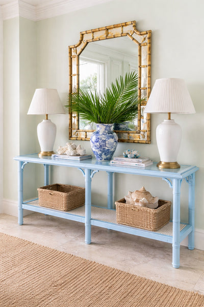 Vintage Faux Bamboo and Cane Two-Tier Glass Top Console Table with Fretwork Available for Custom Lacquer! - Hibiscus House