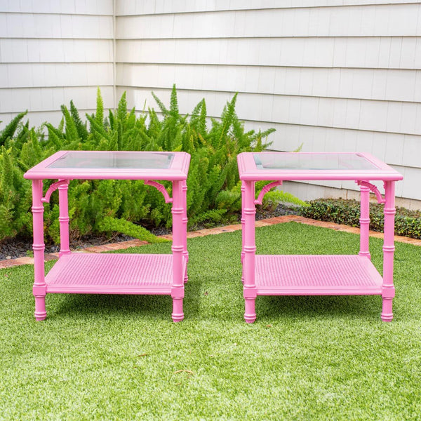 Vintage Faux Bamboo Glass and Cane End Tables Available for Custom Lacquer