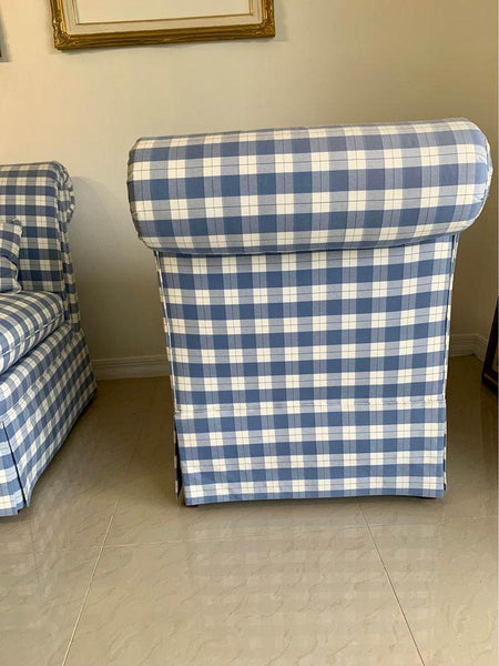 Pair of Vintage Ashley Manor Blue & White Upholstered Slipper Chairs - Hibiscus House