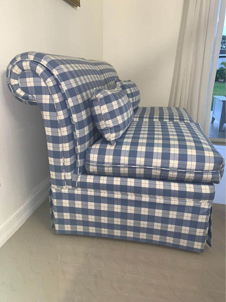 Pair of Vintage Ashley Manor Blue & White Upholstered Slipper Chairs - Hibiscus House