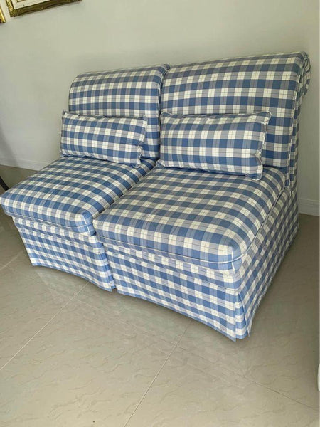 Pair of Vintage Ashley Manor Blue & White Upholstered Slipper Chairs - Hibiscus House