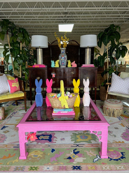 Vintage Chippendale Glass Top Coffee Table Lacquered in Pink Ladies Ready to Ship! - Hibiscus House