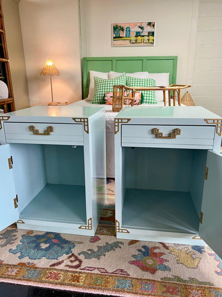 Vintage Bassett Furniture Chinoiserie Style Tall Nightstand Pair in Watery Available & Ready to Ship - Hibiscus House