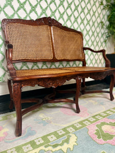Louis XV Style French Provincial Carved Walnut & Cane Seat Settee Available and Ready to Ship
