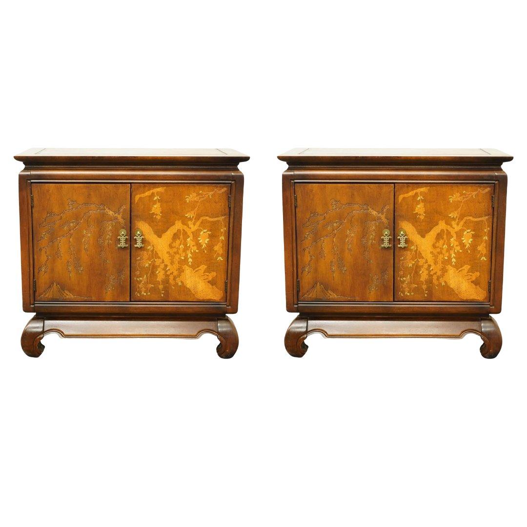 Vintage Asian Chinoiserie Cabinet Front Nightstand Pair Available for Custom Lacquer - Hibiscus House