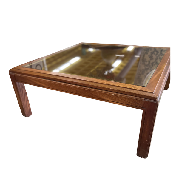 Vintage Caned Top Coffee Table with Inlaid Glass & Gold Trim Available for Custom Lacquer!