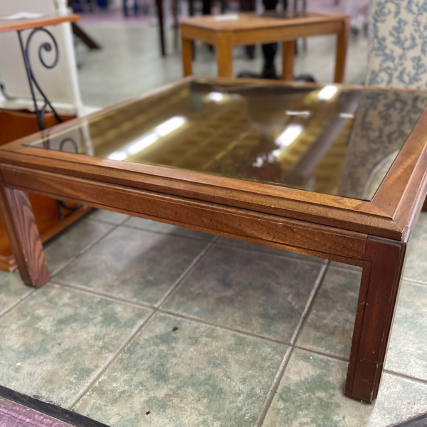 Vintage Caned Top Coffee Table with Inlaid Glass & Gold Trim Available for Custom Lacquer!