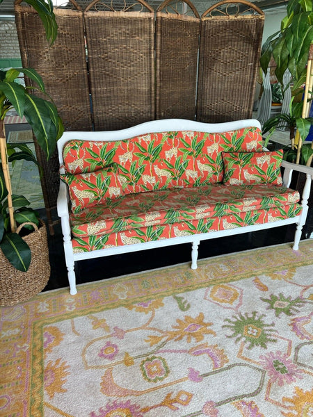 Vintage 1940's Wood Settee with Cane Detailing and Adorable Leopard Upholstery Ready to Ship - Hibiscus House