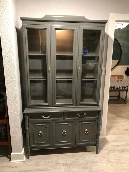 Vintage Broyhill Furniture Faux Bamboo Two Piece China Cabinet Available for Lacquer - Hibiscus House