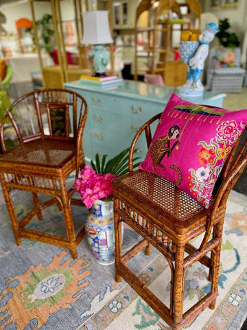 Pair of Vintage Brighton Pavilion Style Bamboo Bar Stools Ready to Ship! - Hibiscus House