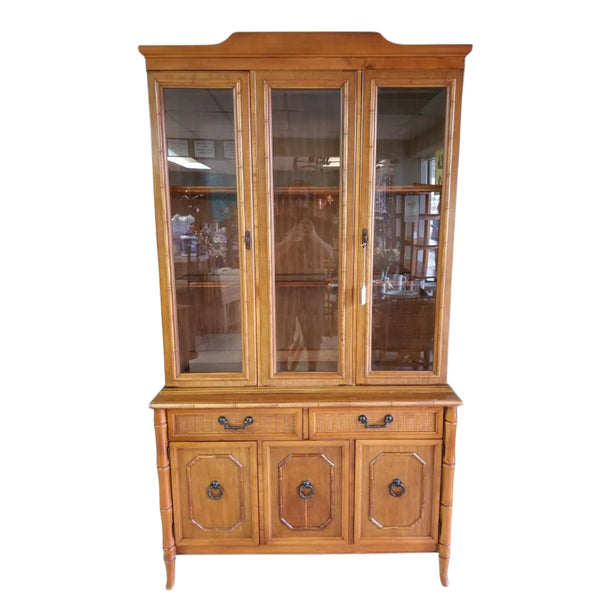 Vintage Broyhill Furniture Faux Bamboo Two Piece China Cabinet Available for Lacquer