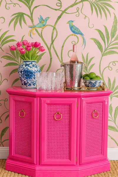 1970's Vintage Rattan Cane Front Server/ Cabinet Available for Custom Lacquer!