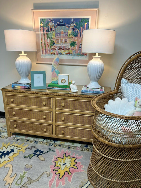 Vintage Henry Link Six Drawer Wicker Dresser with Glass Top Ready to Ship! - Hibiscus House