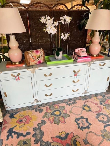 Vintage Bassett Furniture Chinoiserie Style Tall Nightstand Pair in Watery Available & Ready to Ship - Hibiscus House