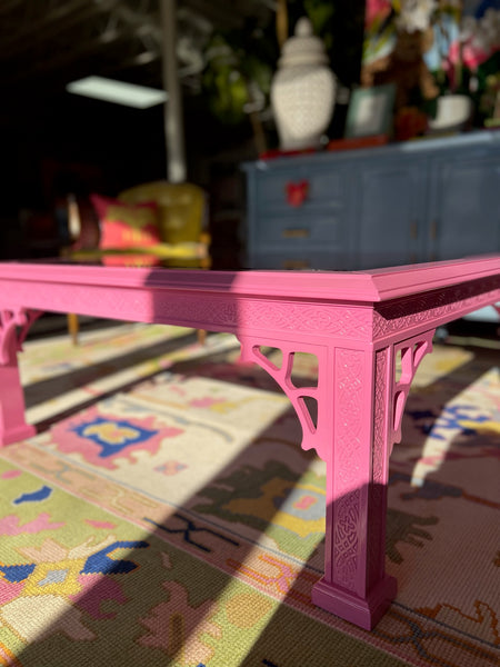 Vintage Chippendale Glass Top Coffee Table Lacquered in Pink Ladies Ready to Ship!