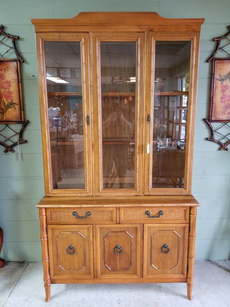 Vintage Faux Bamboo Broyhill Two Piece China Cabinet Available for Custom Lacquer Hibiscus House