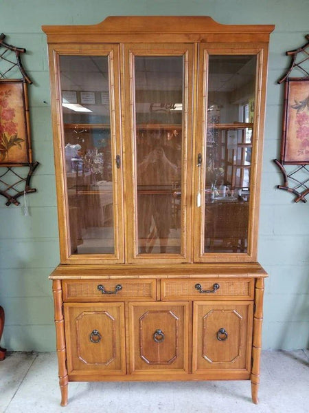 Vintage Broyhill Furniture Faux Bamboo Two Piece China Cabinet Available for Lacquer - Hibiscus House