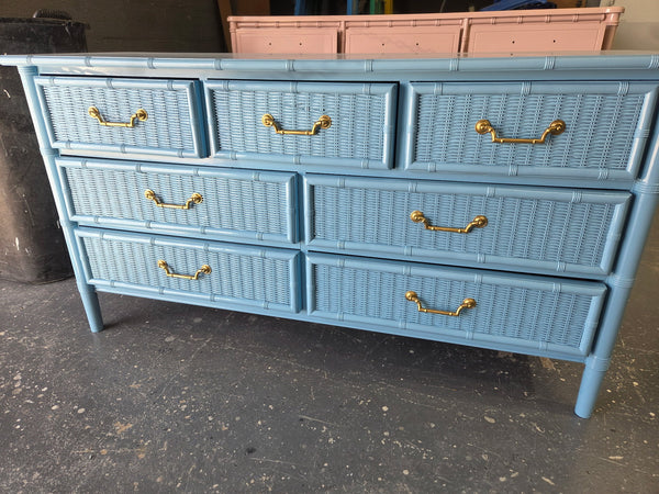 Vintage Dixie Furniture Company Faux Bamboo and Wicker Front Seven Drawer Dresser Available for Custom Lacquer!! - Hibiscus House