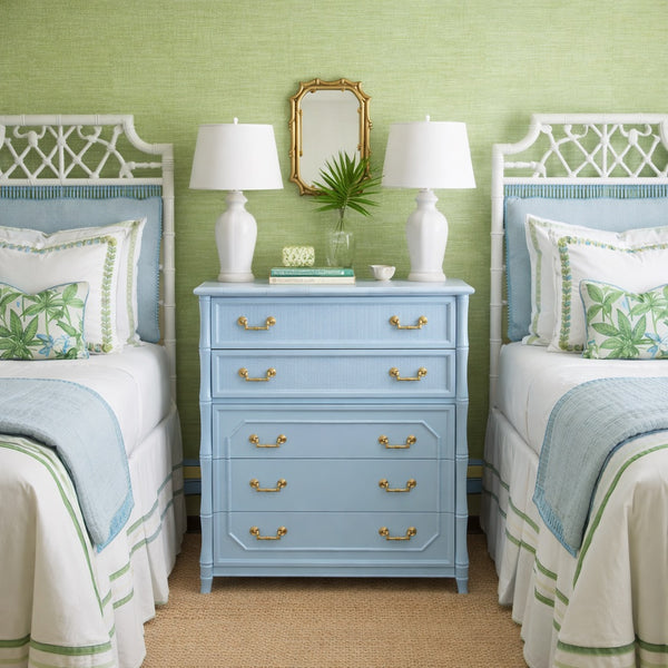 Broyhill Bamboo Tallboy Chest of Drawers Lacquered in Blue Heather Ready to Ship - Hibiscus House