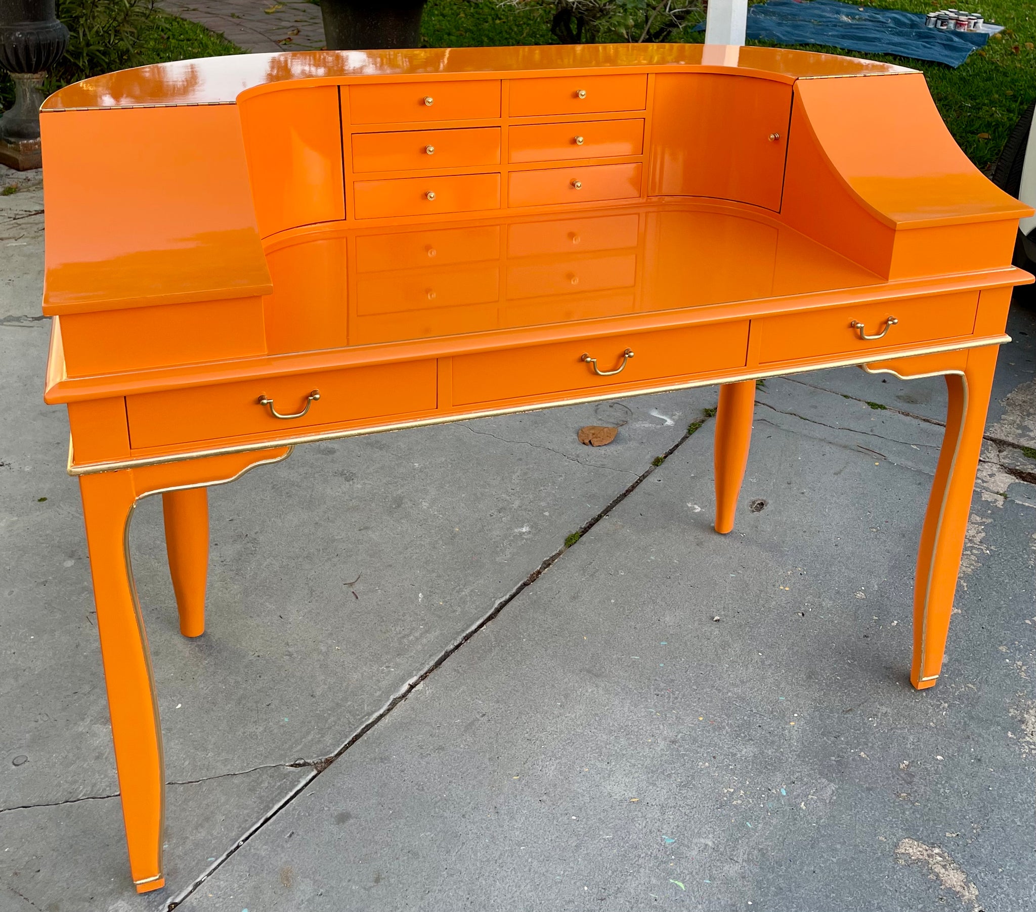 1970s Vintage Chinoiserie Style Floating Writing Desk/ Vanity Lacquered in "Startling Orange" Available & Ready to Ship