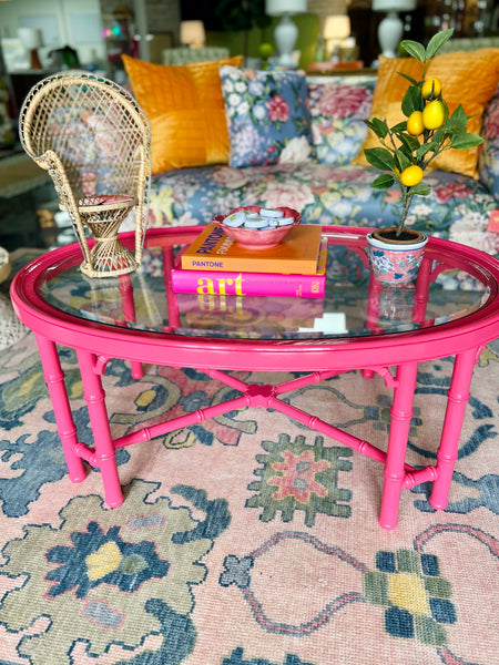 Vintage Faux Bamboo Coffee Table with Fretwork Available for Custom Lacquer! - Hibiscus House