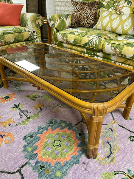 Vintage Faux Bamboo Rattan Wrapped Inlaid Coffee Table Ready to Ship - Hibiscus House