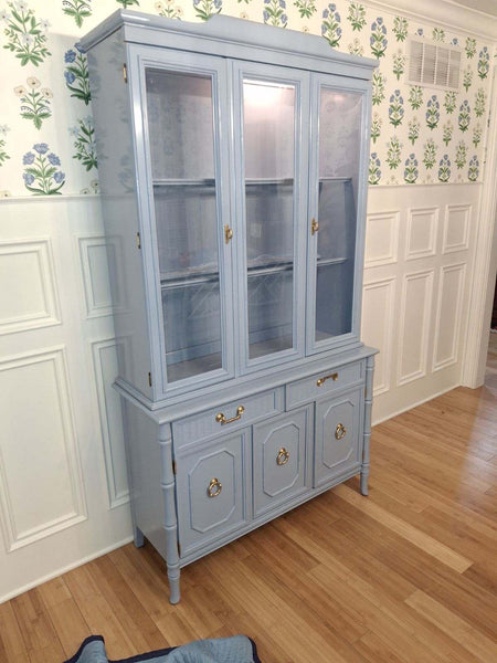Vintage Broyhill Furniture Faux Bamboo Two-Piece China Cabinet Available for Custom Lacquer - Hibiscus House