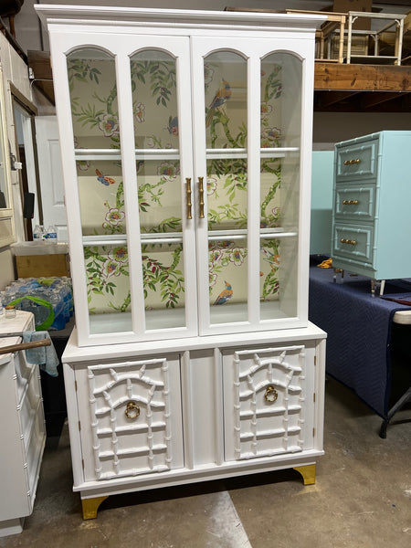 Vintage Faux Bamboo China Cabinet with Fretwork Detailing Available for Custom Lacquer! - Hibiscus House